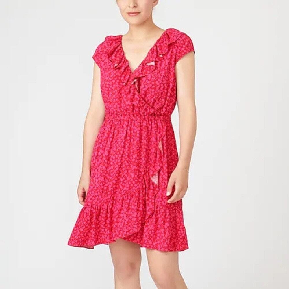 NEW J. Crew Pink Tossed Bouquet Print V-neck Ruffle Faux Wrap Preppy Dress 2